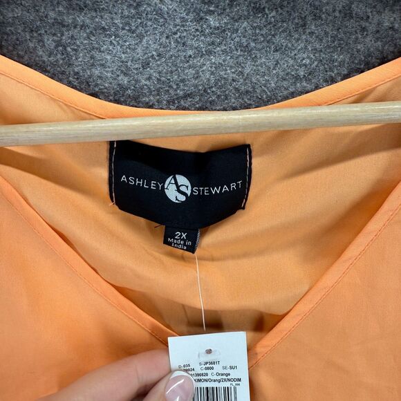 New Ashley Stewart Blouse Women 2X Plus Orange V-Neck 3/4 Sleeve Pullover Casual - Picture 4 of 8